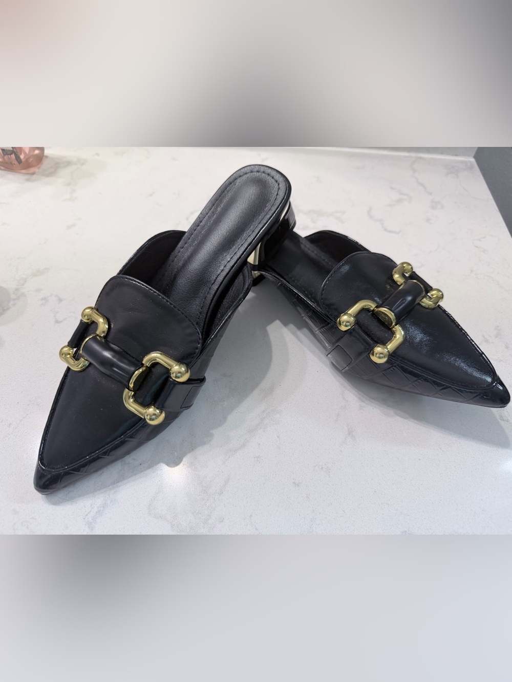 Black Croc Embossed Horsebit Mule Loafers Gold Hardware EU 38